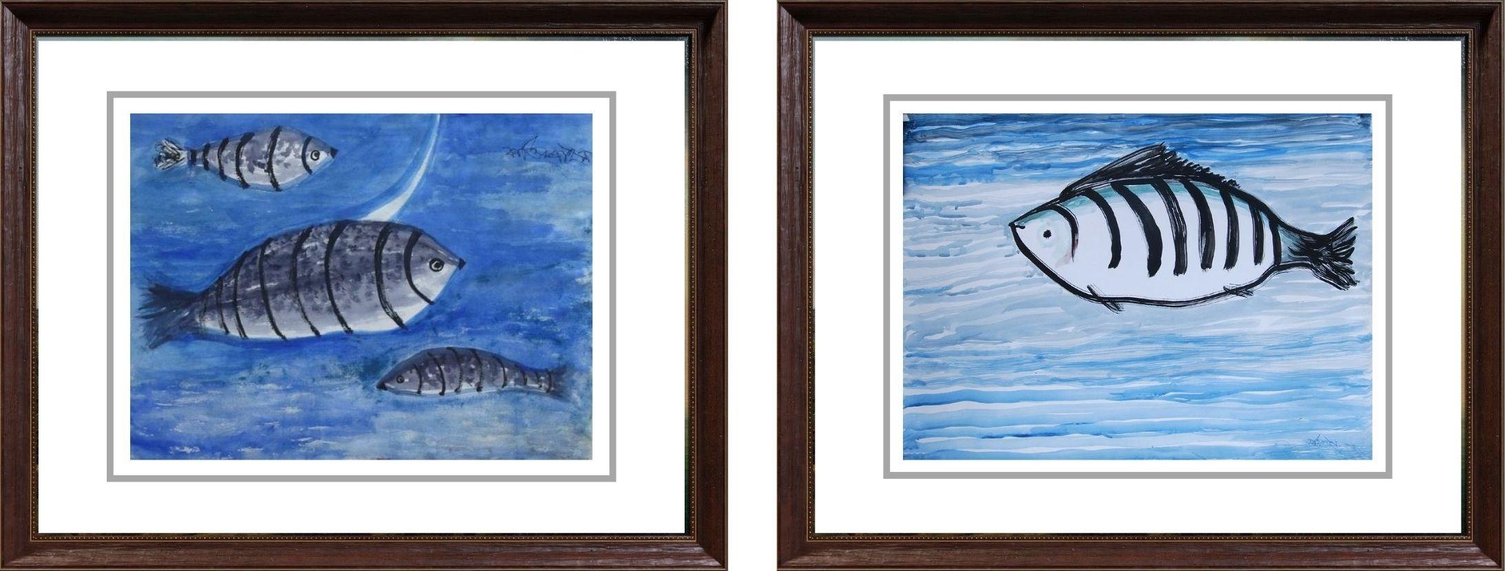 Animal Painting Kartick Chandra Pyne - Fish under the Water, Aquarelle sur papier, Bleu de l'artiste indien « En stock »