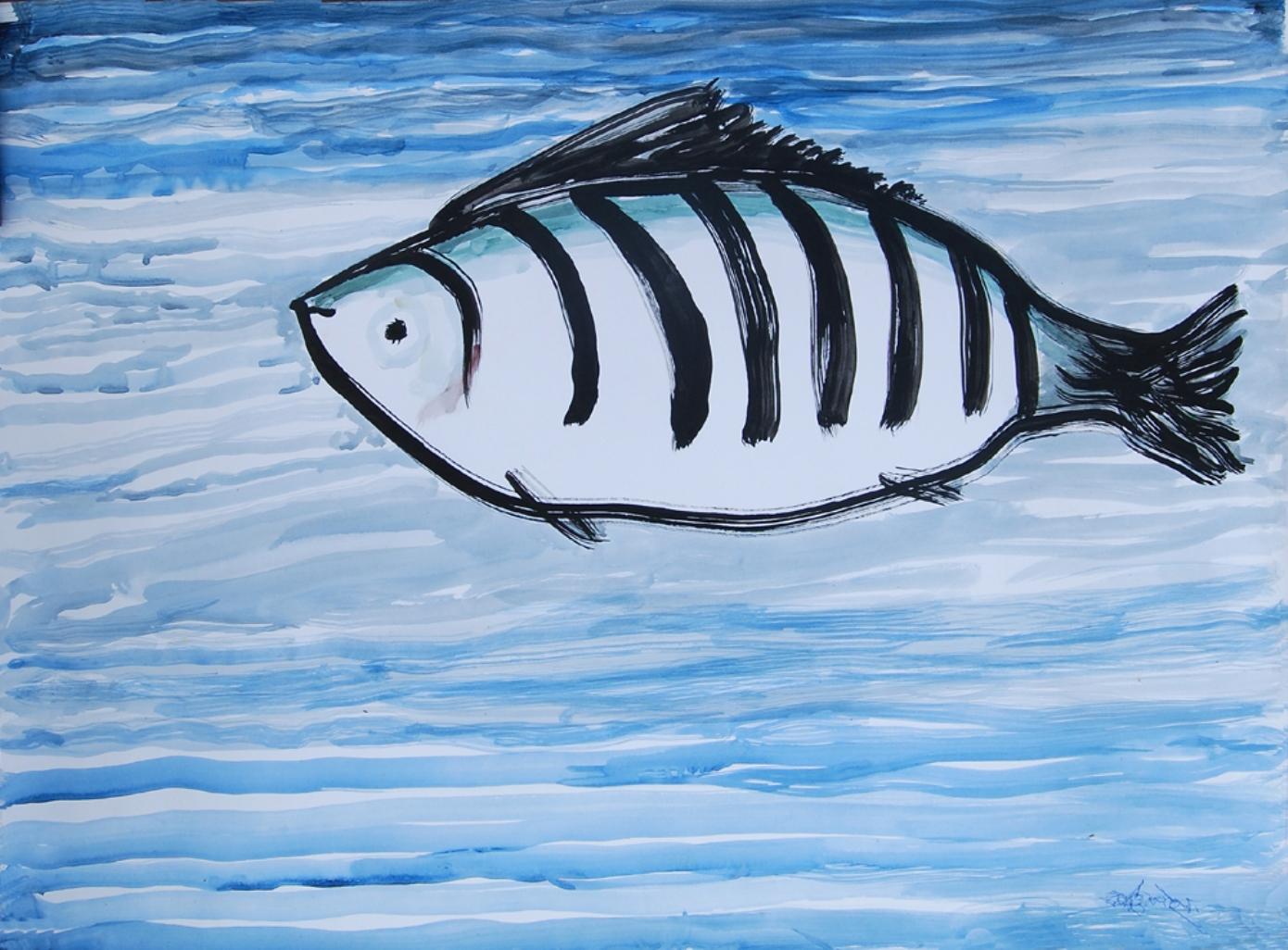 Fish under the Water, Aquarelle sur papier, Bleu de l'artiste indien « En stock » - Moderne Painting par Kartick Chandra Pyne
