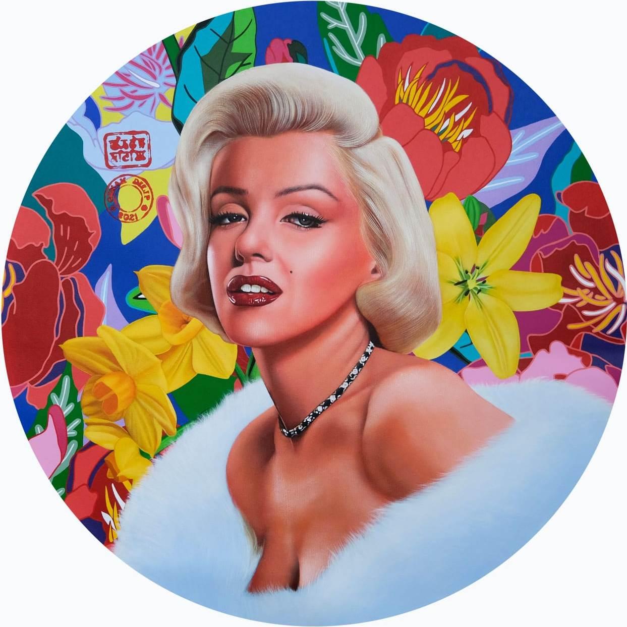Marilyn Monroe, ikonisches Gemälde, Orange Blau Gelb Farbe, Acryl, Leinwand, „Auf Lager“