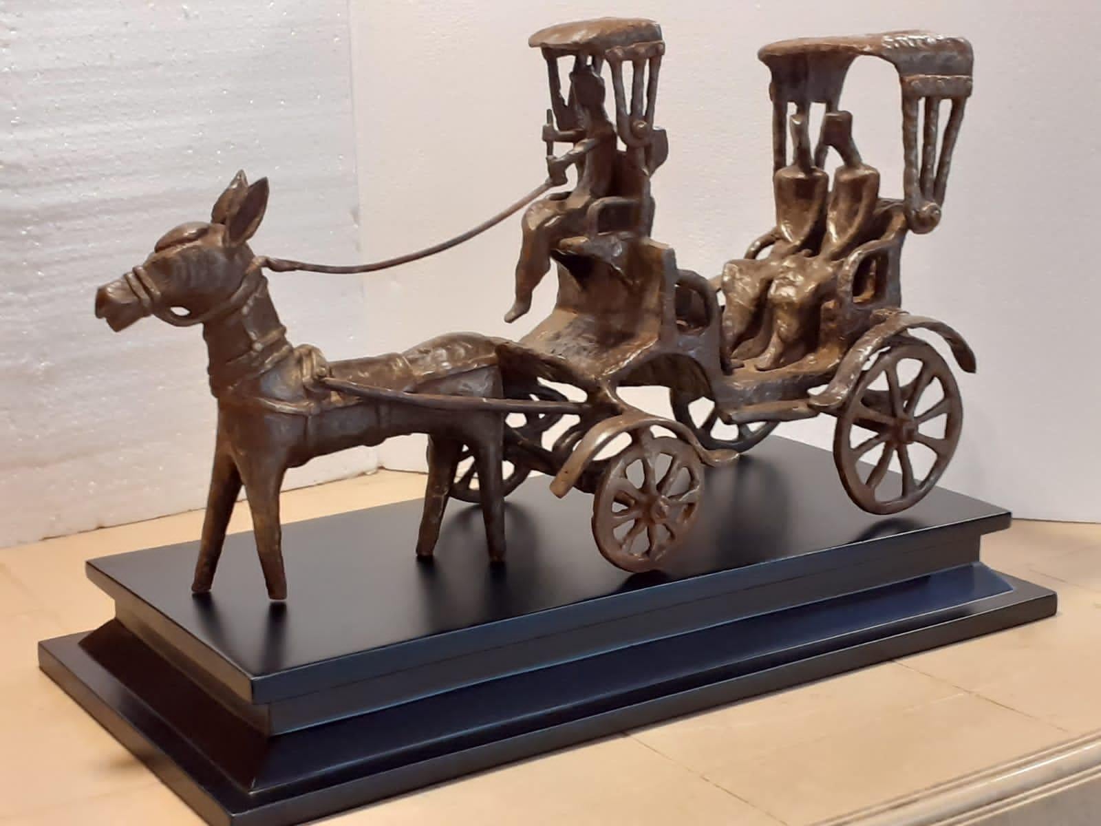 Tushar Kanti Das Roy Abstract Sculpture - Tangawala, Horse Carriage, Bronze Sculpture, Brownish Green Patina  “In Stock”