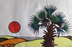 Landscape, Mixed Media on Paper, Red, Green by Modern Indian Artist "In Stock"