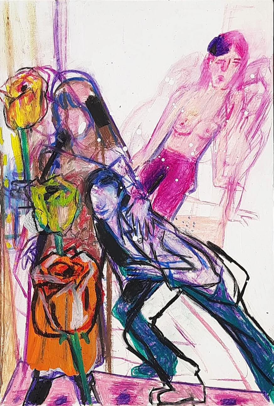 Figurative Painting Uday Mondal - Sans titre, figuratif, acrylique et pastel sur papier de l'artiste contemporain « En stock »