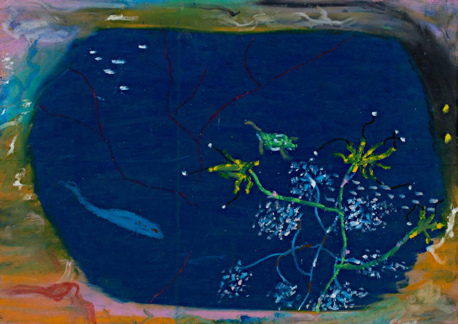 "Ocean Window, " Oil Pastel on Grocery Bag signed by Reginald K. Gee