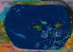 "Ventana al océano", Pastel al óleo sobre bolsa de la compra firmado por Reginald K. Gee