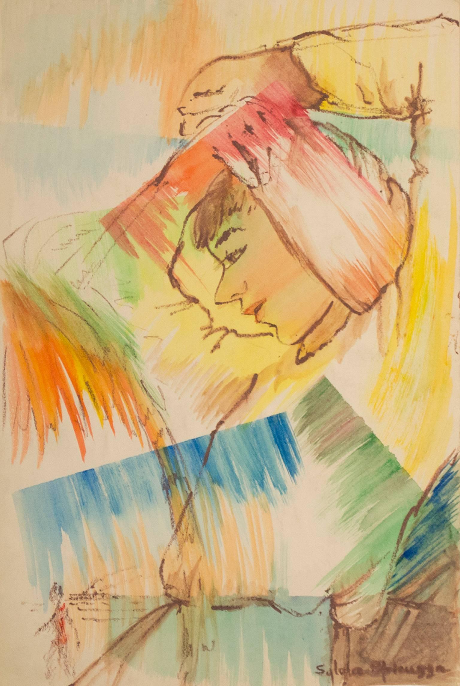 "Dreaming of Paradise Island" ist ein Original-Aquarell und Pastell auf Papier von Sylvia Spicuzza. Der Künstler hat das Werk unten rechts signiert. Es zeigt eine große weibliche Figur, die auf eine kleinere Palme und eine winzige Figur blickt.