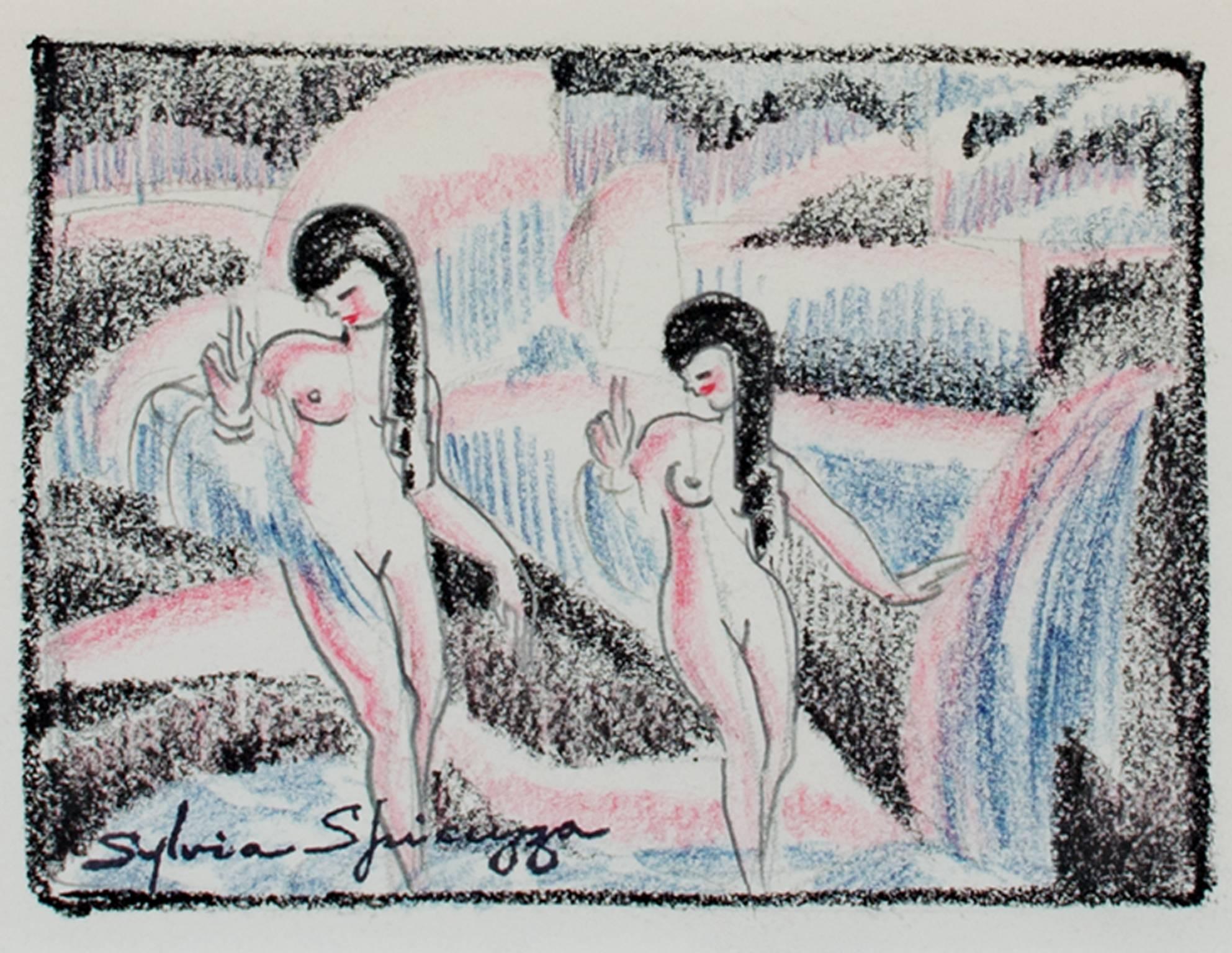 "Two Art Deco Nude Dancers #763" ist eine Originalzeichnung von Sylvia Spicuzza in Graphit, Buntstift und Farbstift. Die Künstlerin hat ihre Signatur unten links aufgestempelt. Dieses Werk zeigt zwei nackte Tänzerinnen in den Farben Rosa, Blau und
