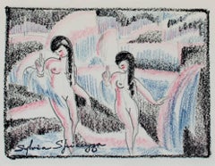 "Two Art Deco Nude Dancers #763" Crayon & Color Pencil signed by Sylvia Spicuzza