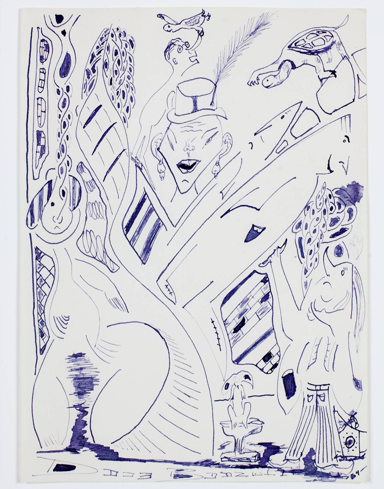 "Circus Side Show with Flying Turtles" ist eine originale lila Tuschezeichnung von David Barnett. Der Künstler signierte das Kunstwerk im unteren Teil der Zeichnung und schrieb das Datum unten rechts. Es zeigt eine surreale Anordnung von Figuren und