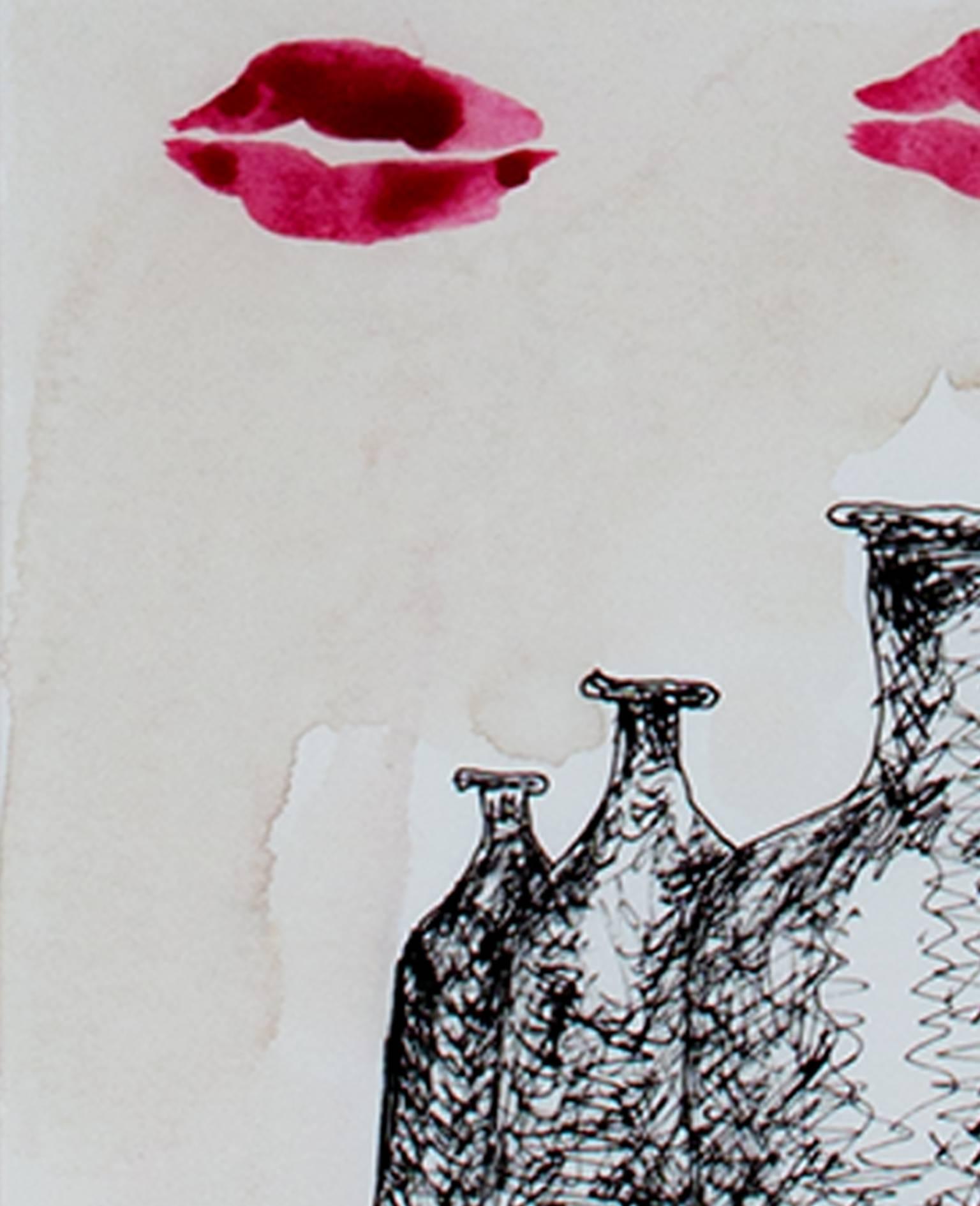 „After Rene Magritte with Lips“, Aquarell und Tinte, signiert von David Barnett im Angebot 1