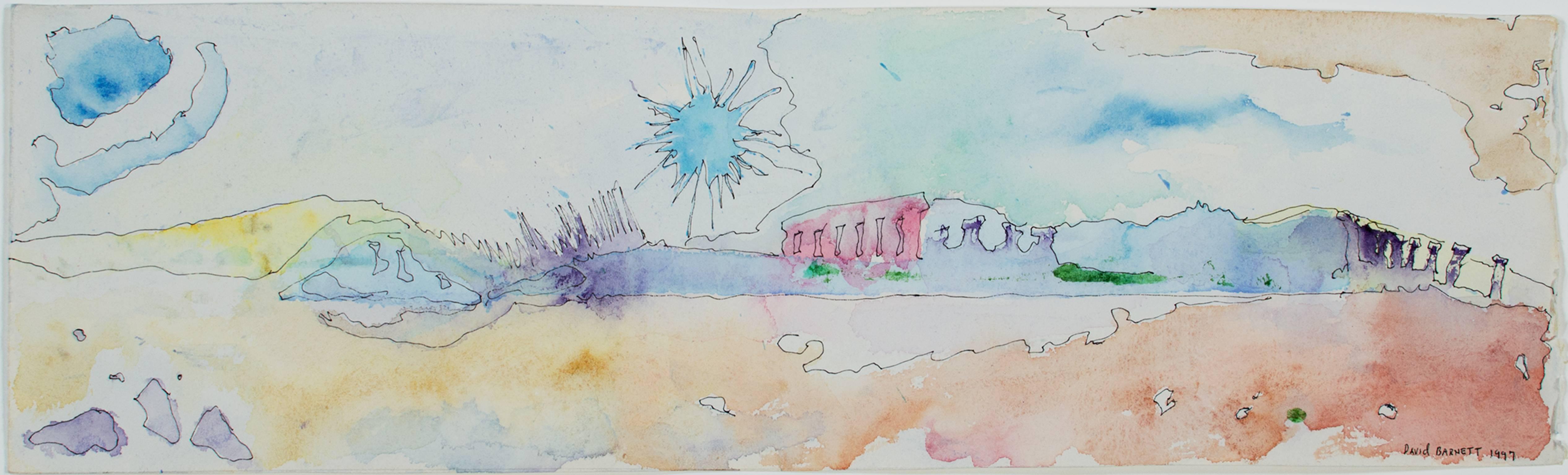 Die Ruine "Southwest" ist eine Original-Aquarell- und Tuschezeichnung von David Barnett. Der Künstler signierte und datierte das Kunstwerk unten rechts. Es zeigt eine farbenprächtige, karge Landschaft mit architektonischen Ruinen. Obwohl die