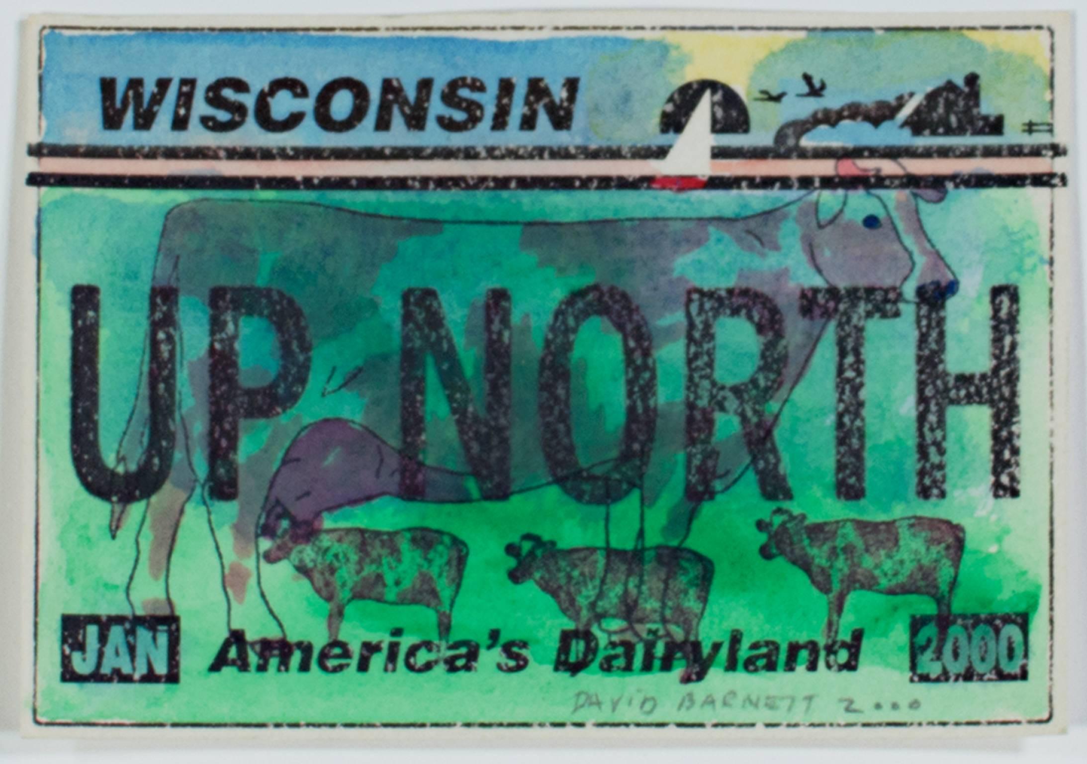 "Up North Wisconsin Series--Cows in Green Acres" is an original watercolor, ink, and rubber stamp artwork. The artist signed and dated the piece in the lower right. This artwork depicts the Wisconsin license plate with cows. 

3 3/4" x 5 1/2"