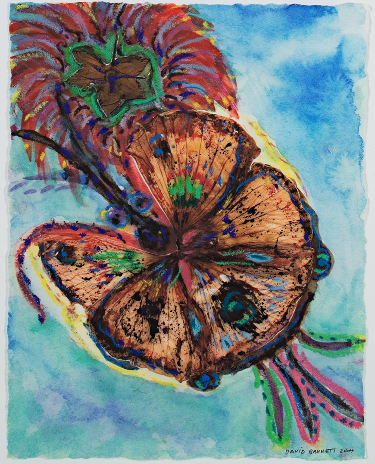 "Le papillon hibiscus géant hybride avec fleur" est une œuvre originale de David Barnett. L'artiste a utilisé de l'encre, de l'aquarelle, des pastels à l'huile iridescents et une image collée d'une fleur d'hibiscus séchée avec des embellissements.
