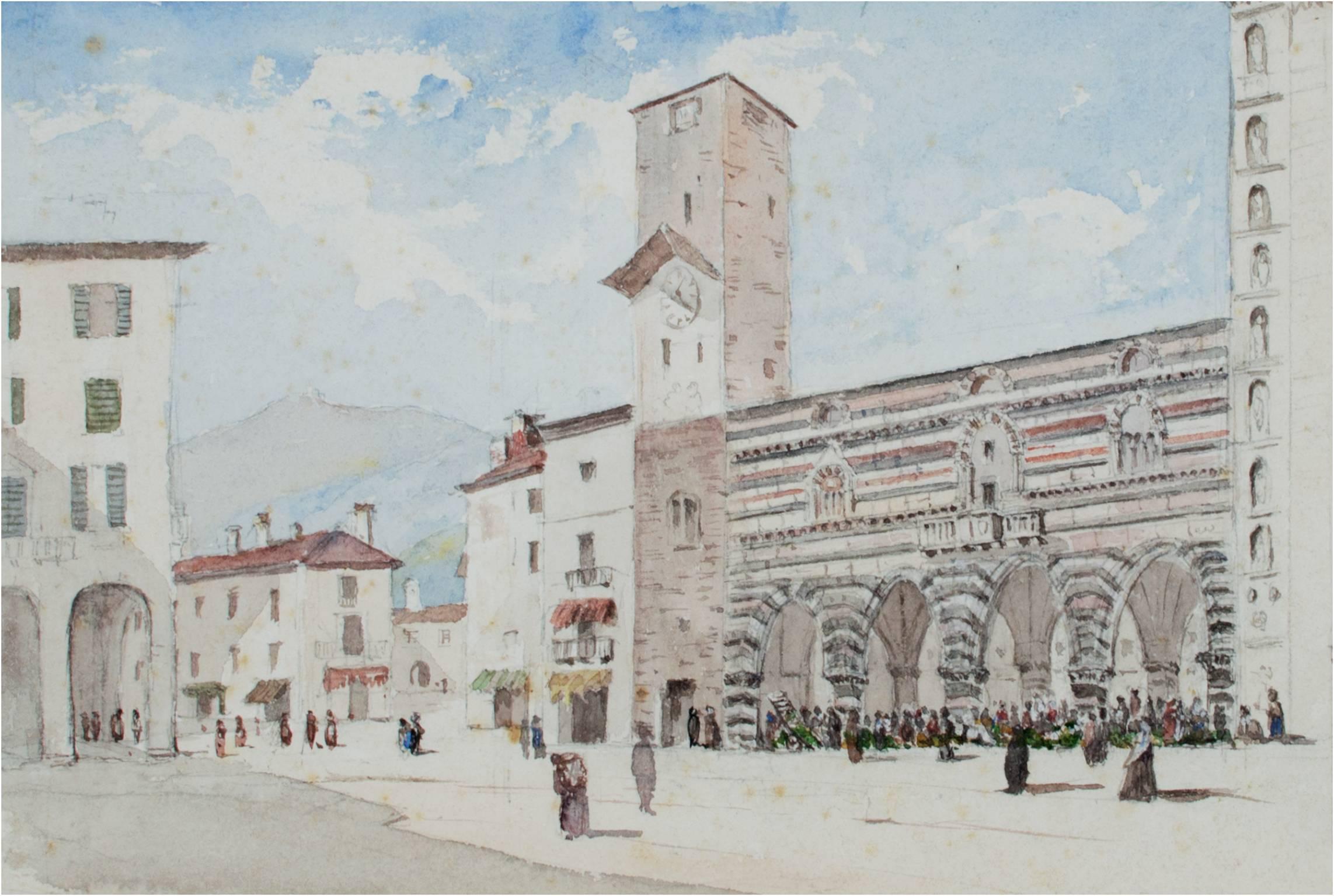 "Italienische Piazza" ist ein Original-Aquarell, das dem italienischen Künstler Gabrielli Carelli zugeschrieben wird. Dieses Stück stammt aus der Sammlung Rothschild. Es zeigt die italienische Architektur.

7 1/4" x 10" 