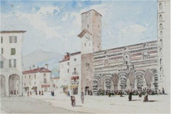 Antique "Italian Piazza, " Watercolor Summer City View attributed to Gabrielli Carelli