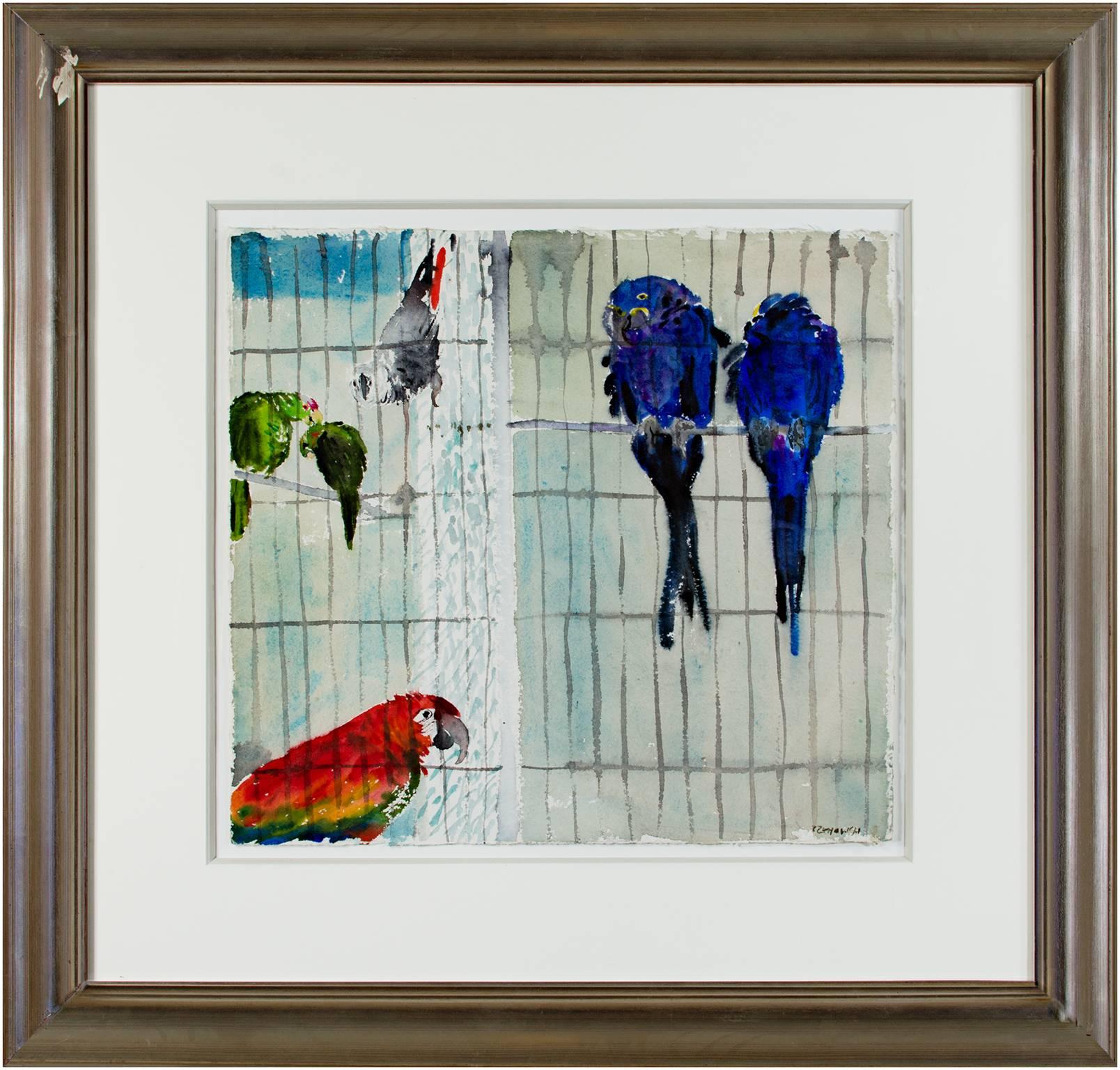 Artista contemporánea loros jaula de animales pintura acuarela firmada en venta 3