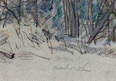 Contemporary female artist landscape pastel pencil drawing bridge trees signed