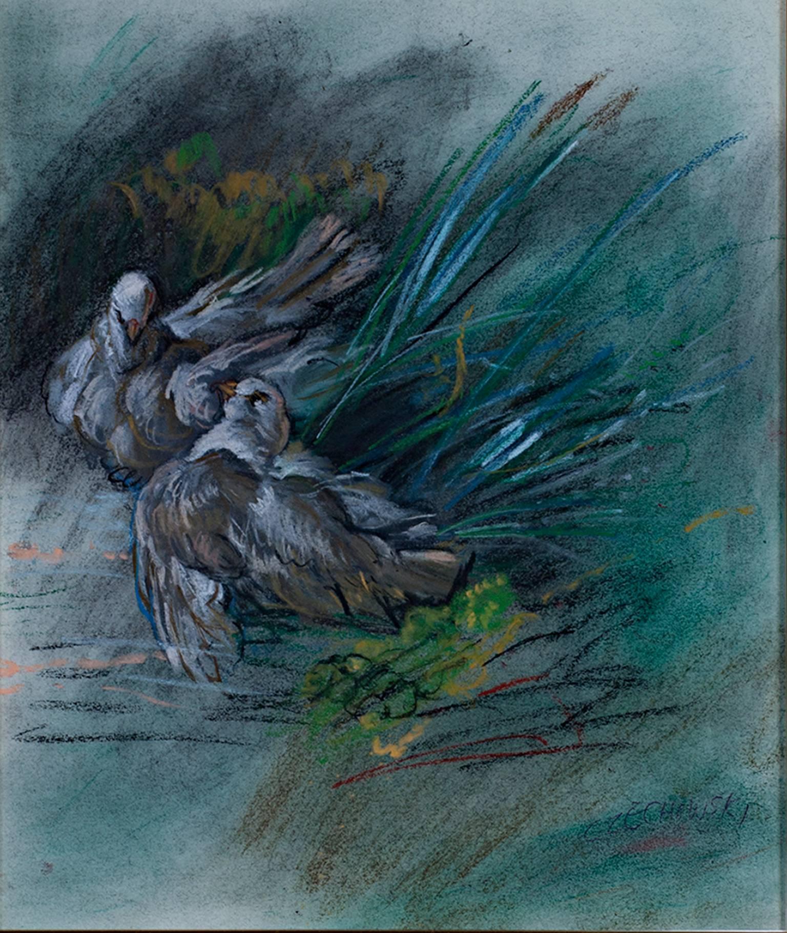 Alicia Czechowski Animal Art - Contemporary female artist animal pastel drawing doves dark background signed