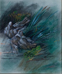 Artista contemporánea mujer animal dibujo al pastel palomas fondo oscuro firmado
