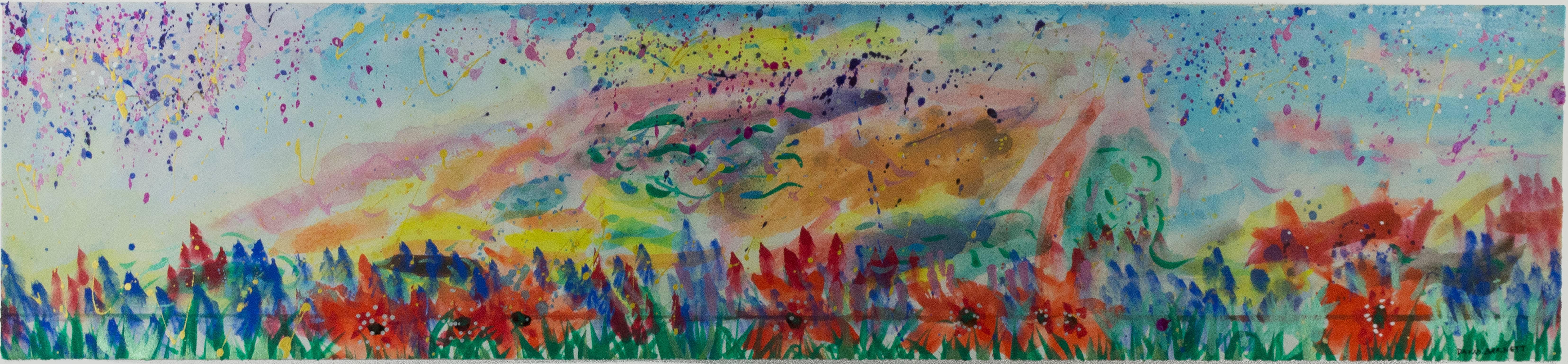 "Abstrakt mit Gras und Mohnblumen II" ist ein Original-Aquarell, schillerndes Acryl und Tusche auf Aquarellpapier von David Barnett. Der Künstler hat das Werk unten rechts signiert. Dieses Werk kann zusammen mit "Abstrakt mit Gras und Mohnblumen I"