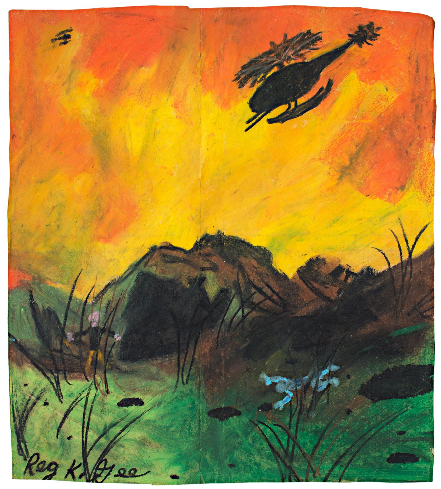 "Global Refusers Sought" is an original oil pastel drawing on a grocery bag by Reginald K. Gee. The artist signed the piece lower left as well as signing and dating it on the back. It depicts a helicopter in an orange and yellow sky and two figures