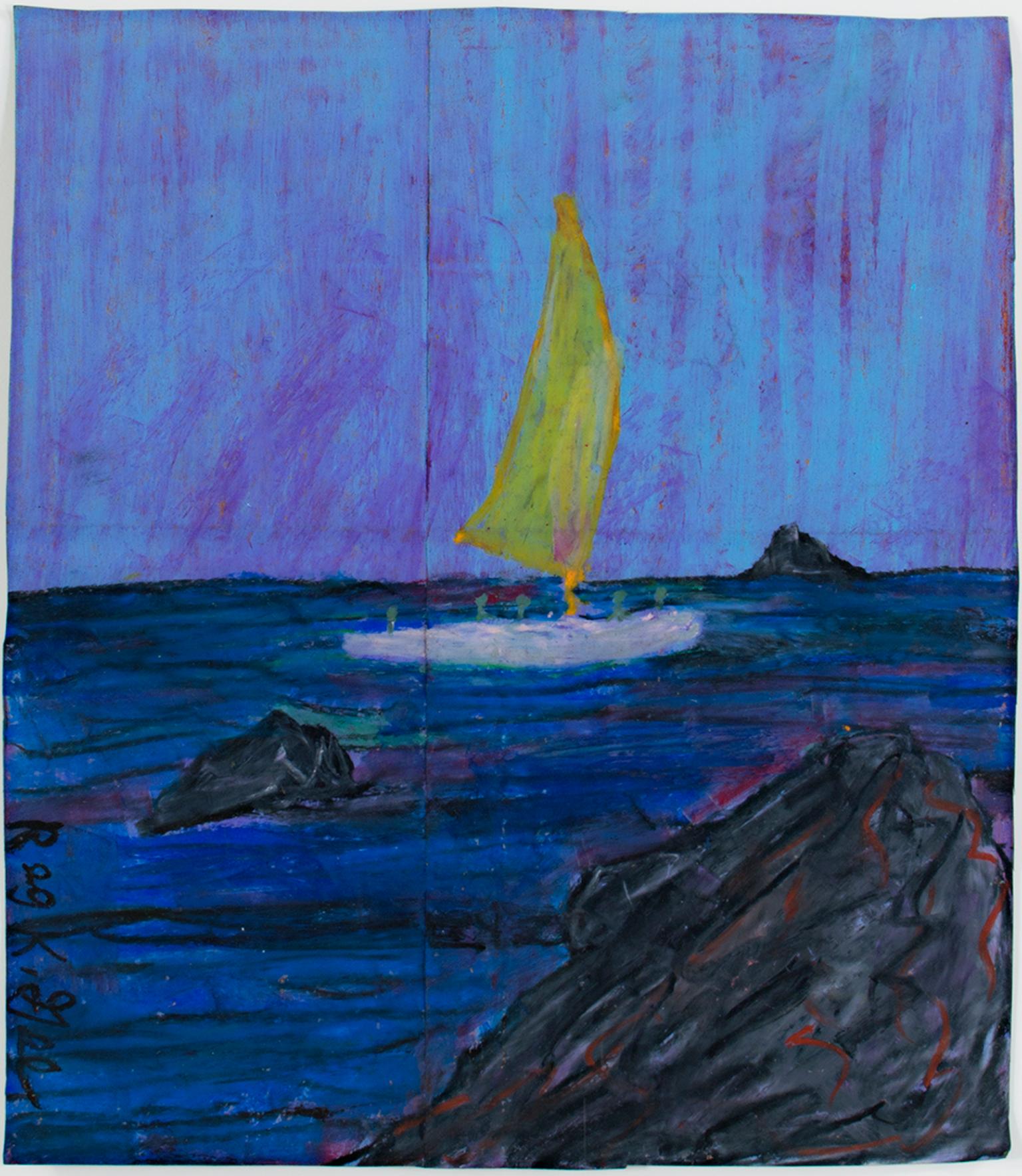 "Arriving to Island, " Oil Pastel on Grocery Bag signed by Reginald K. Gee