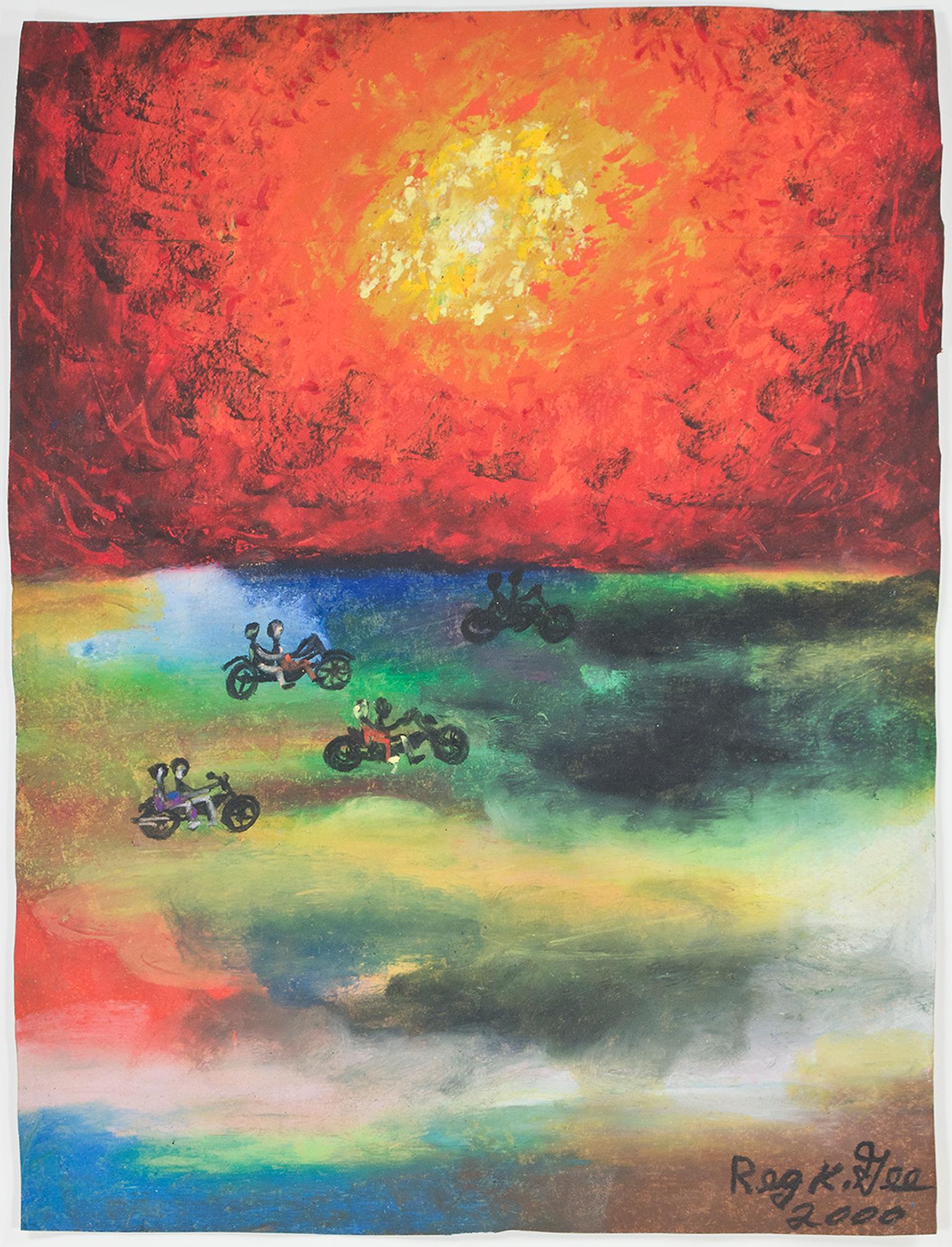 "Dobles", Pastel al óleo expresionista sobre bolsa de la compra firmado por Reginald K. Gee