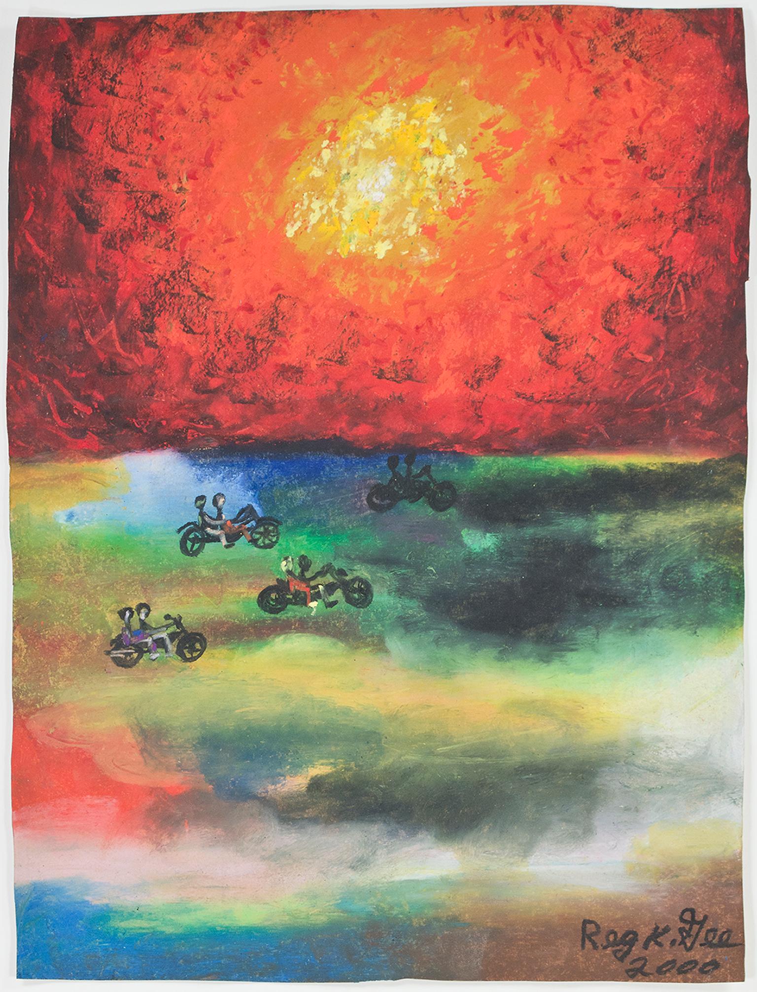 "Doubles" is an original oil pastel drawing on a grocery bag by Reginald K. Gee. The artist signed and dated the piece lower right. It depicts four motorcycles, each with two people riding. This piece was created for Harley Davidson. 

16" x 12"