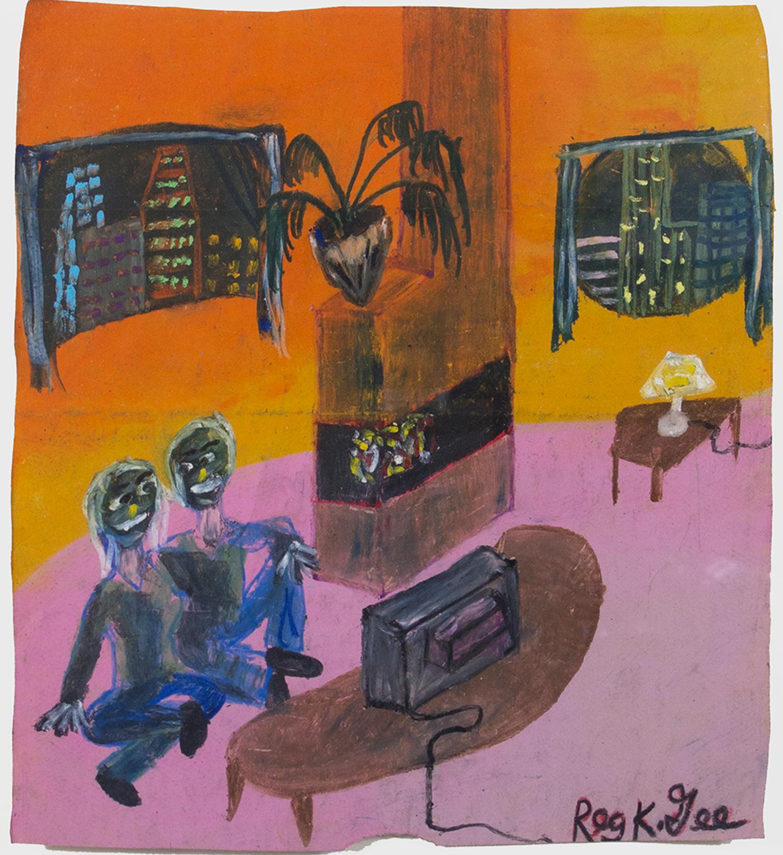 "Apartment B-10 (Couple Sitting on Floor Watching TV)" is an original oil pastel drawing on a grocery bag by Reginald K. Gee. It depicts two people sitting in their orange and pink apartment watching television. The artist signed the piece in the