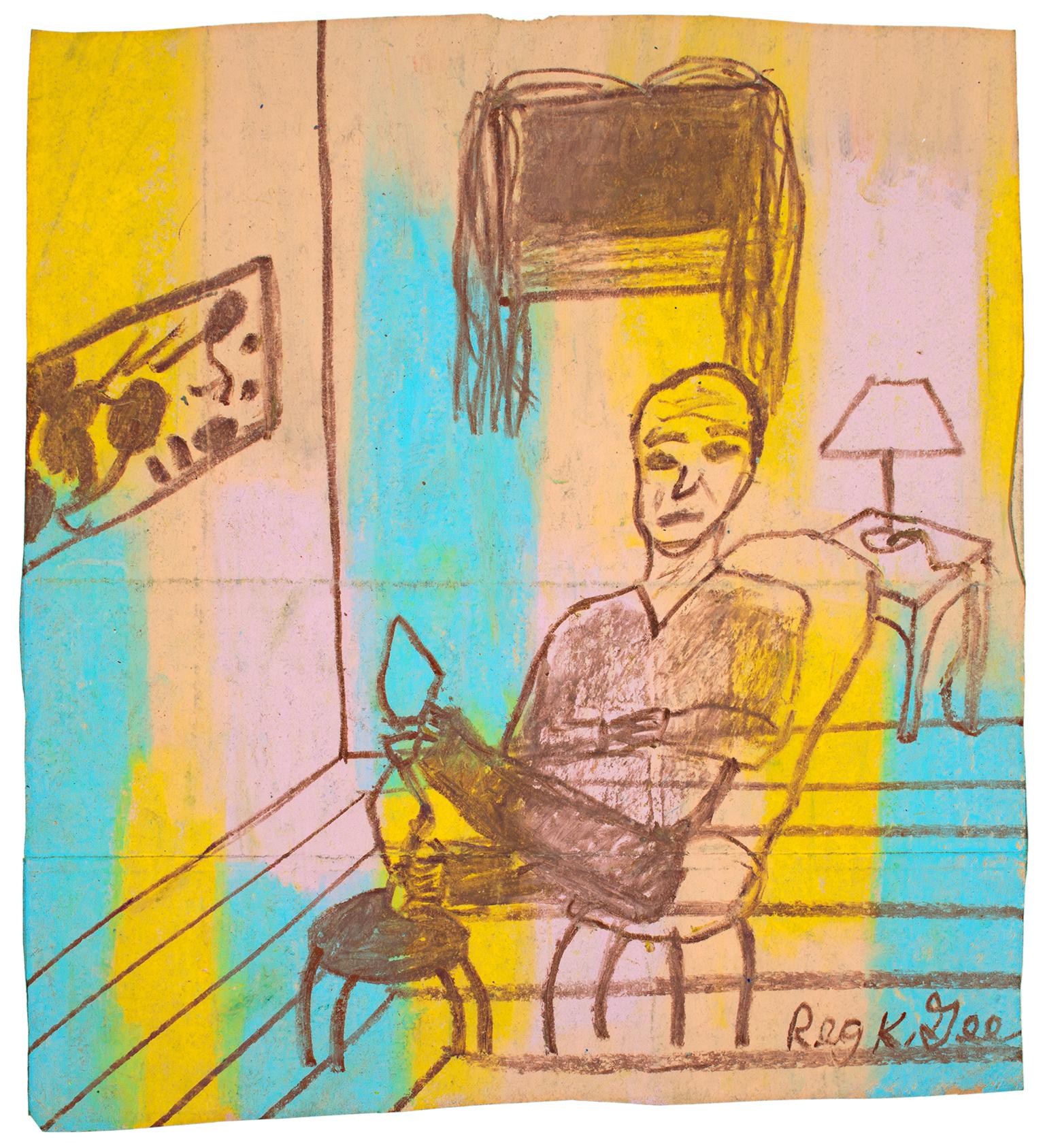 "Accented Room Featuring a Man," Oil Pastel on Grocery Bag by Reginald K. Gee