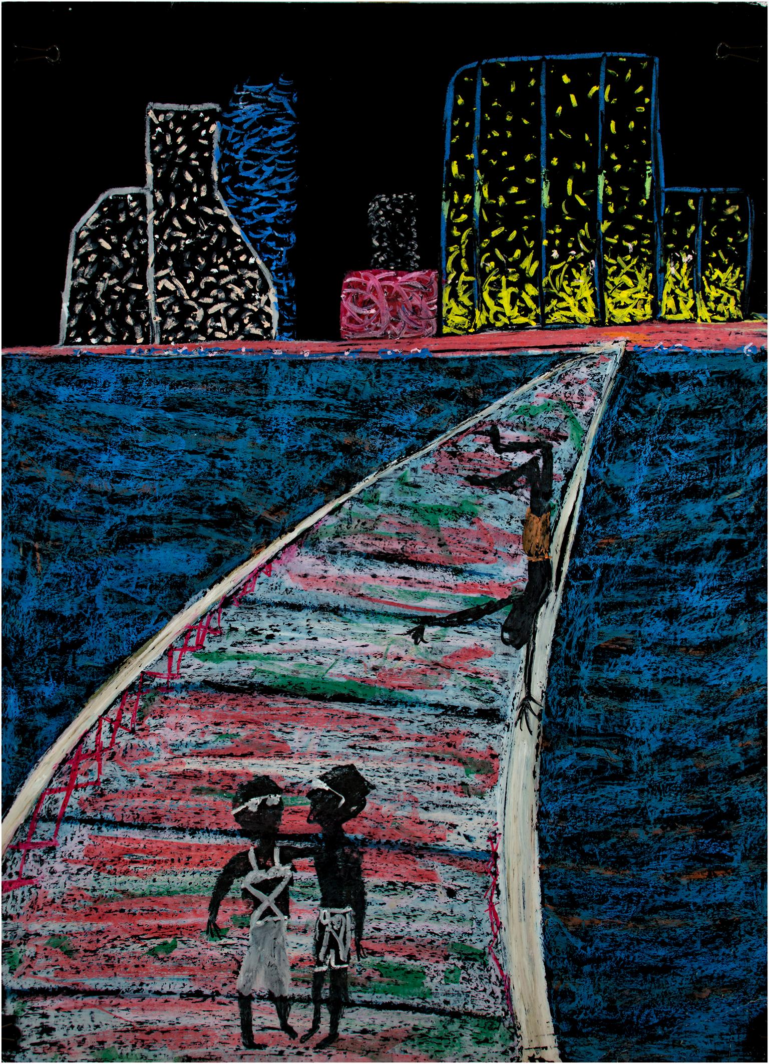 "Early Morning on the Old Townes Bridge" ist eine Original-Ölpastellzeichnung von Reginald K. Gee. Der Künstler hat das Werk auf der Rückseite signiert. Es zeigt drei Figuren - ein Paar, das auf den Betrachter zugeht, und einen einzelnen Mann, der