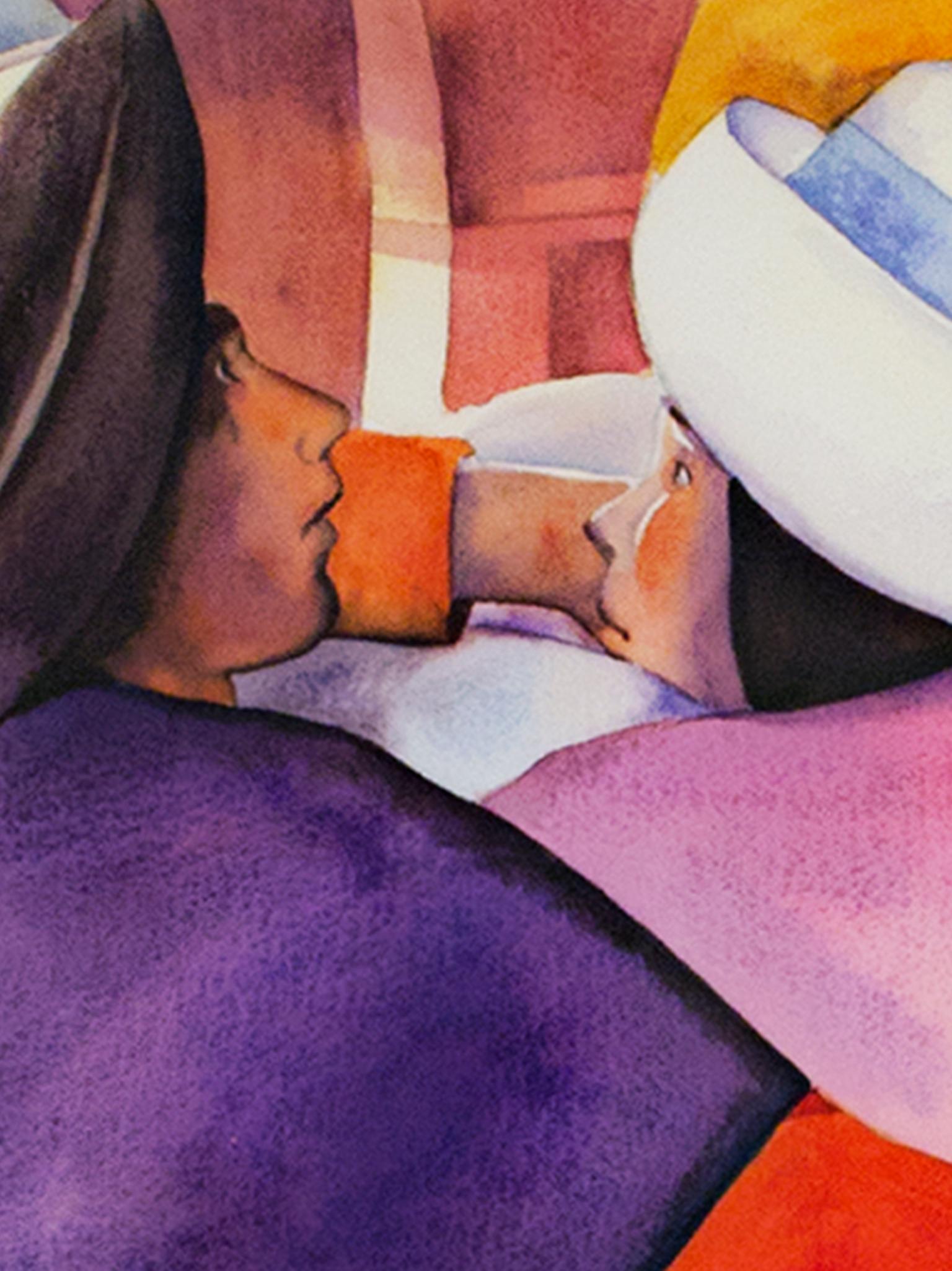 « La danse », aquarelle de la scène de la fête signée Ernesto Gutierrez - Violet Figurative Art par Ernesto Gutierrez (b.1941)