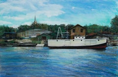 Paisaje marino contemporáneo al pastel barcos agua edificios escena paisaje portuario firmado