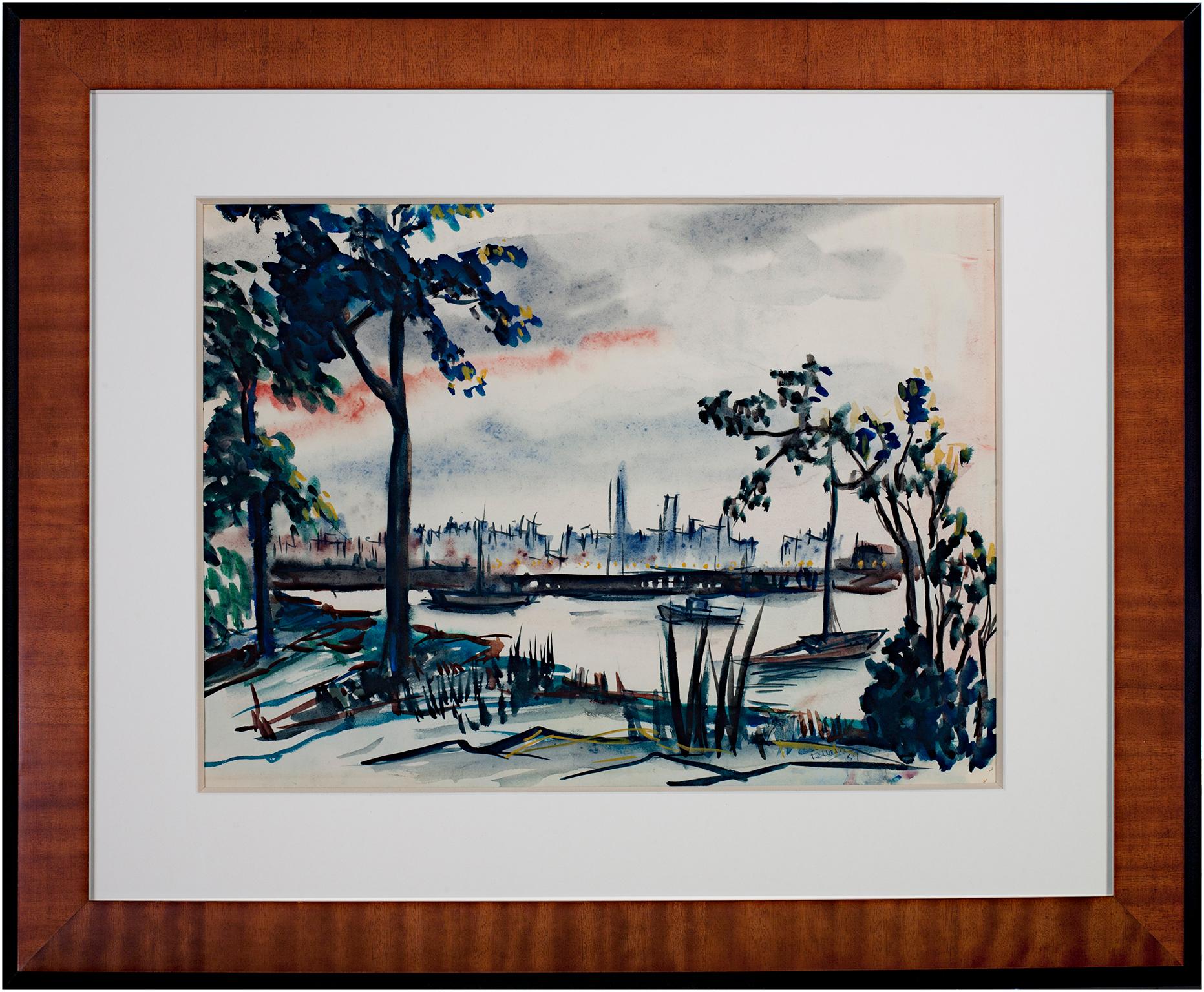 "Milwaukee Harbor" is an original watercolor by Joseph Ferrara. The artist signed the piece lower right. It depicts a view of the water and skyline of Milwaukee, Wisconsin. 

15" x 21" art
26" x 31 3/4" frame

