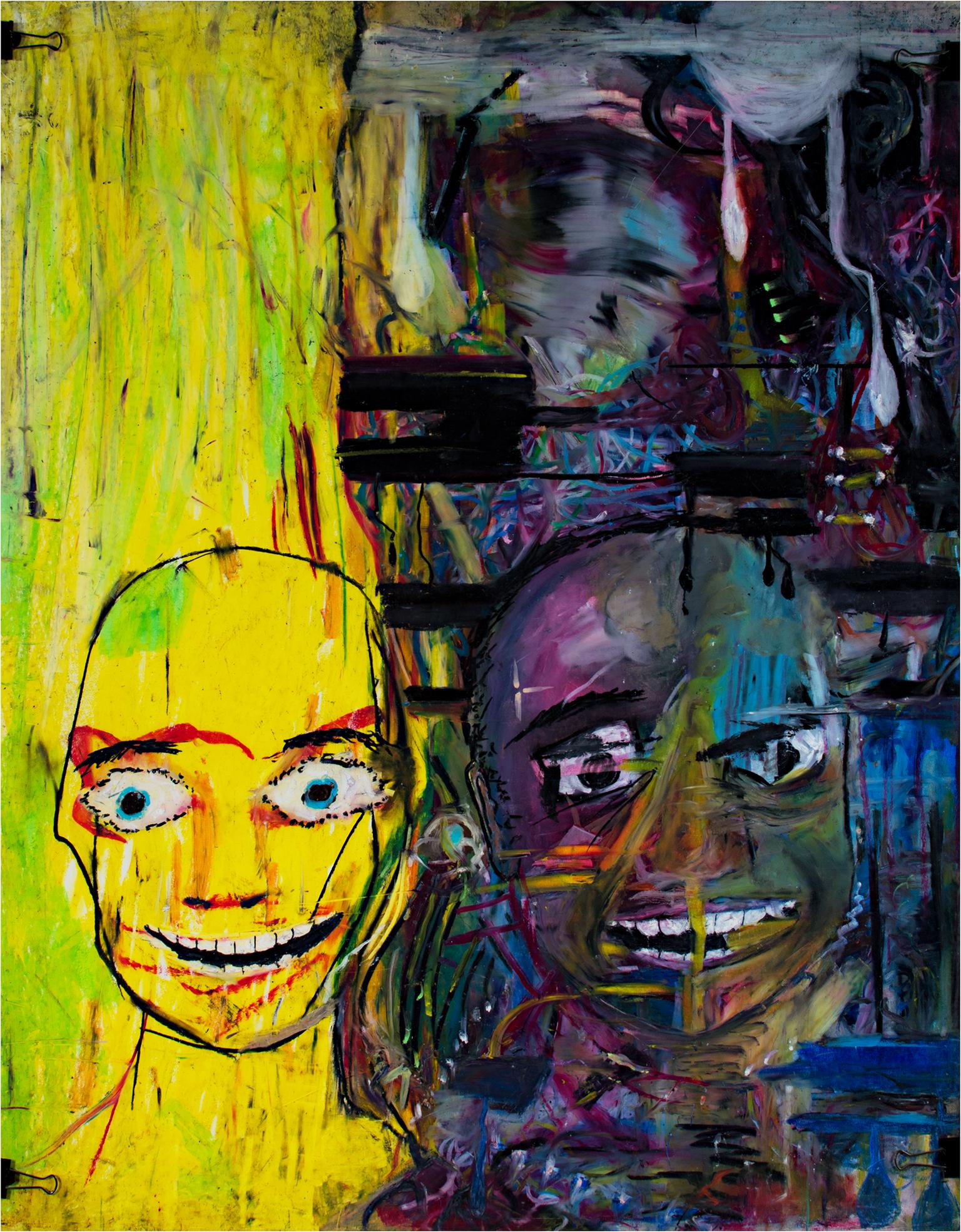 "Get Off the Avenue" is an original oil pastel drawing by Reginald K. Gee. The artist signed the piece on the back. This artwork depicts two abstracted faces--one in bright yellows and green and the other in dark blue and purple hues. 

40" x 28"