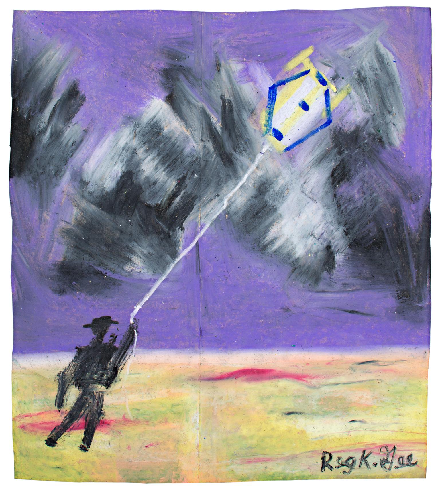 "Figure with Kite, " Oil Pastel on Grocery Bag signed by Reginald K. Gee