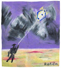 ""Figur mit Kite", Ölpastell auf Einkaufstasche, signiert von Reginald K. Gee