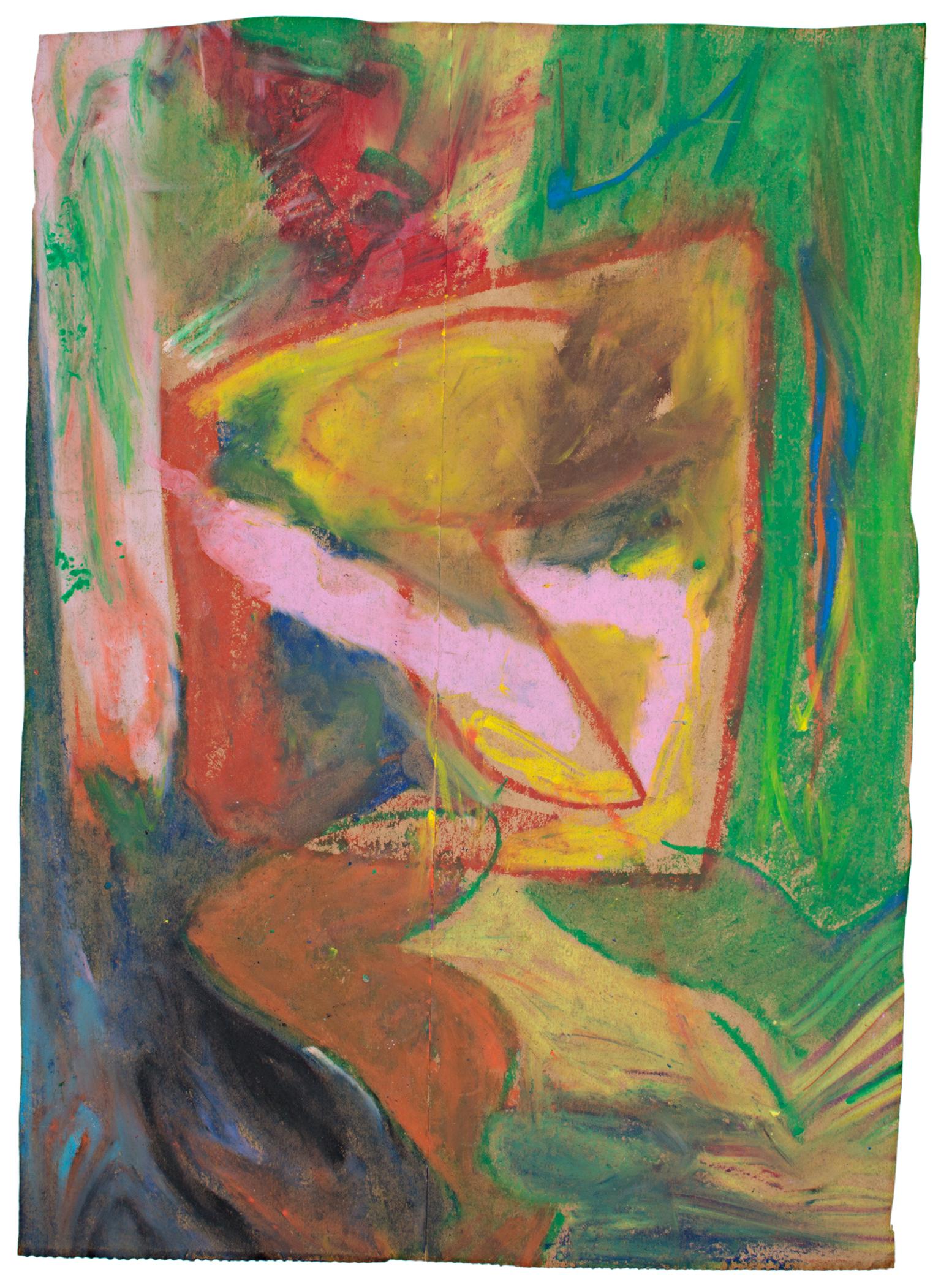 "Confused Abstract" is an original oil pastel on grocery bag by Reginald K. Gee. The artist signed the piece on the back. It features an abstract design in yellow, pink, red, green, and orange. 

16 1/2" x 11 3/4" art
Custom framing is