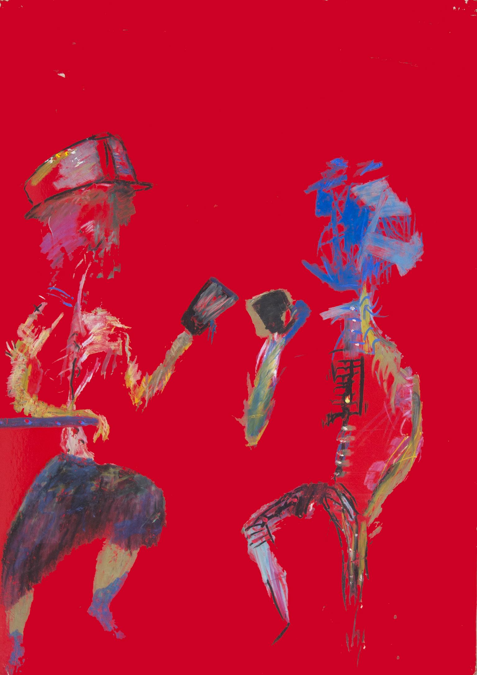 "Better Things to Come" is an original oil pastel drawing on board by Reginald K. Gee. The artist signed the piece on the back. It depicts two figures in conversation against a striking red background, synthesizing the figural with the abstract in a