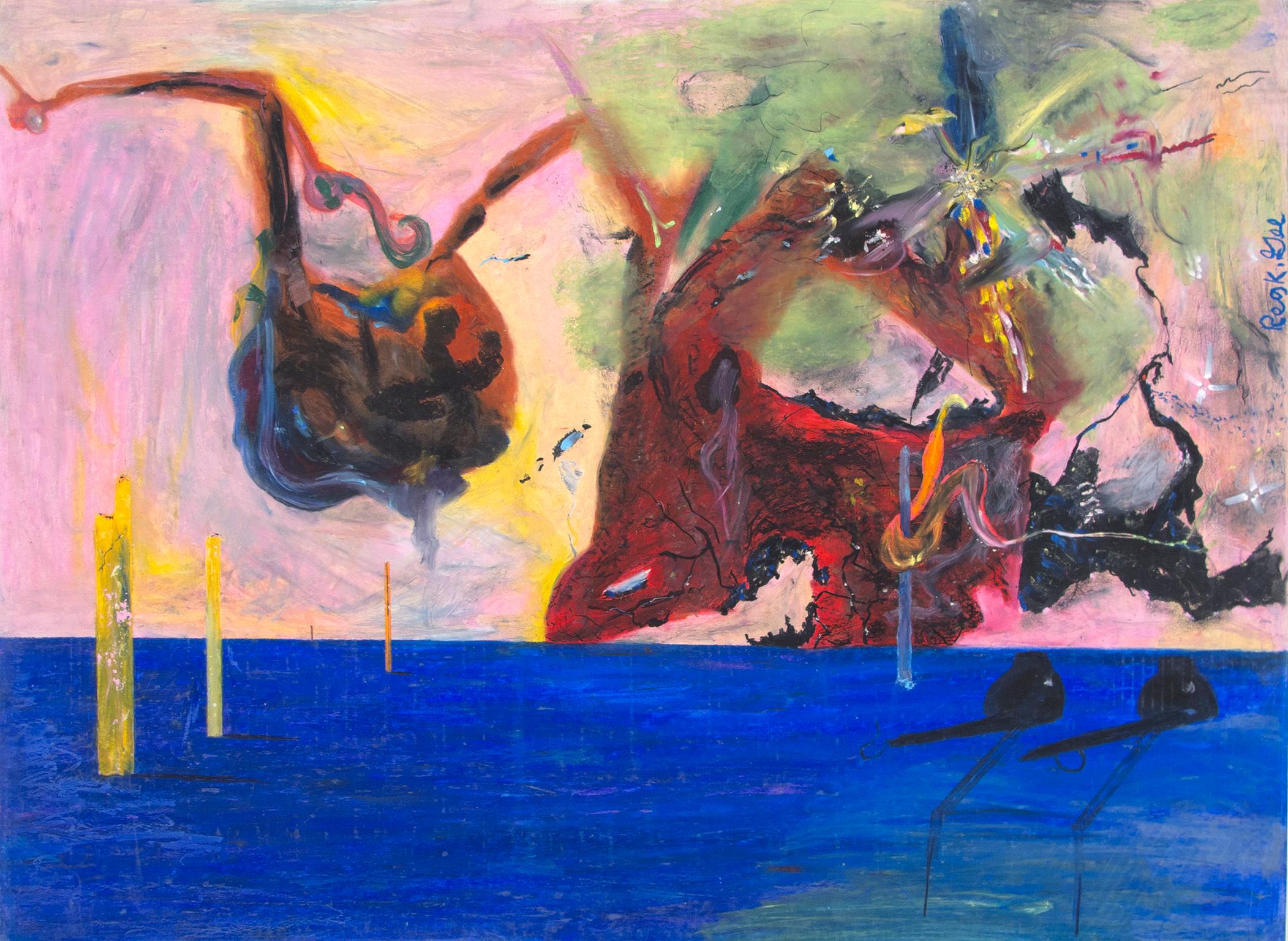 « Destruction of the Apple Juice Pool », pastel à l'huile signé par Reginald K. Gee