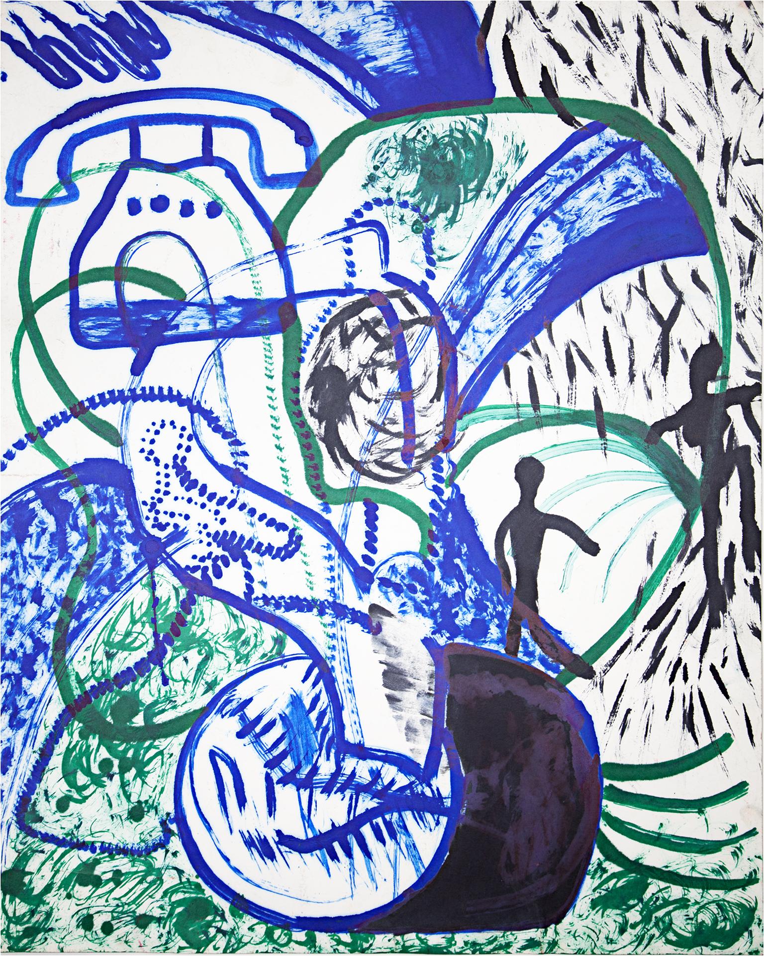 "Fortify" ist eine originale Ölpastellzeichnung auf Papier von Reginald K. Gee. Der Künstler hat das Werk auf der Rückseite paraphiert. Es zeigt abstrakte Zeichen, ein Telefon und ein paar Figuren in Blau, Grün und Schwarz. 

28" x 22" Kunst

Der
