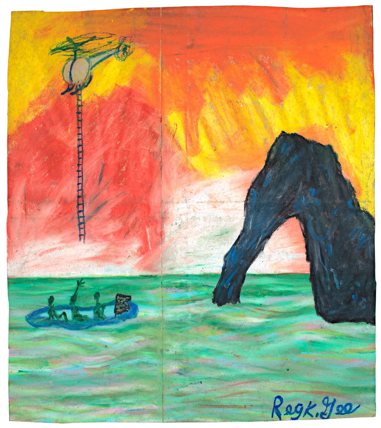 "Defectores" es un dibujo original al pastel al óleo sobre una bolsa de la tienda de comestibles Rainbow, de Reginald K. Gee. El artista firmó la obra en la parte inferior derecha. Representa a tres personas en una balsa que son rescatadas por un
