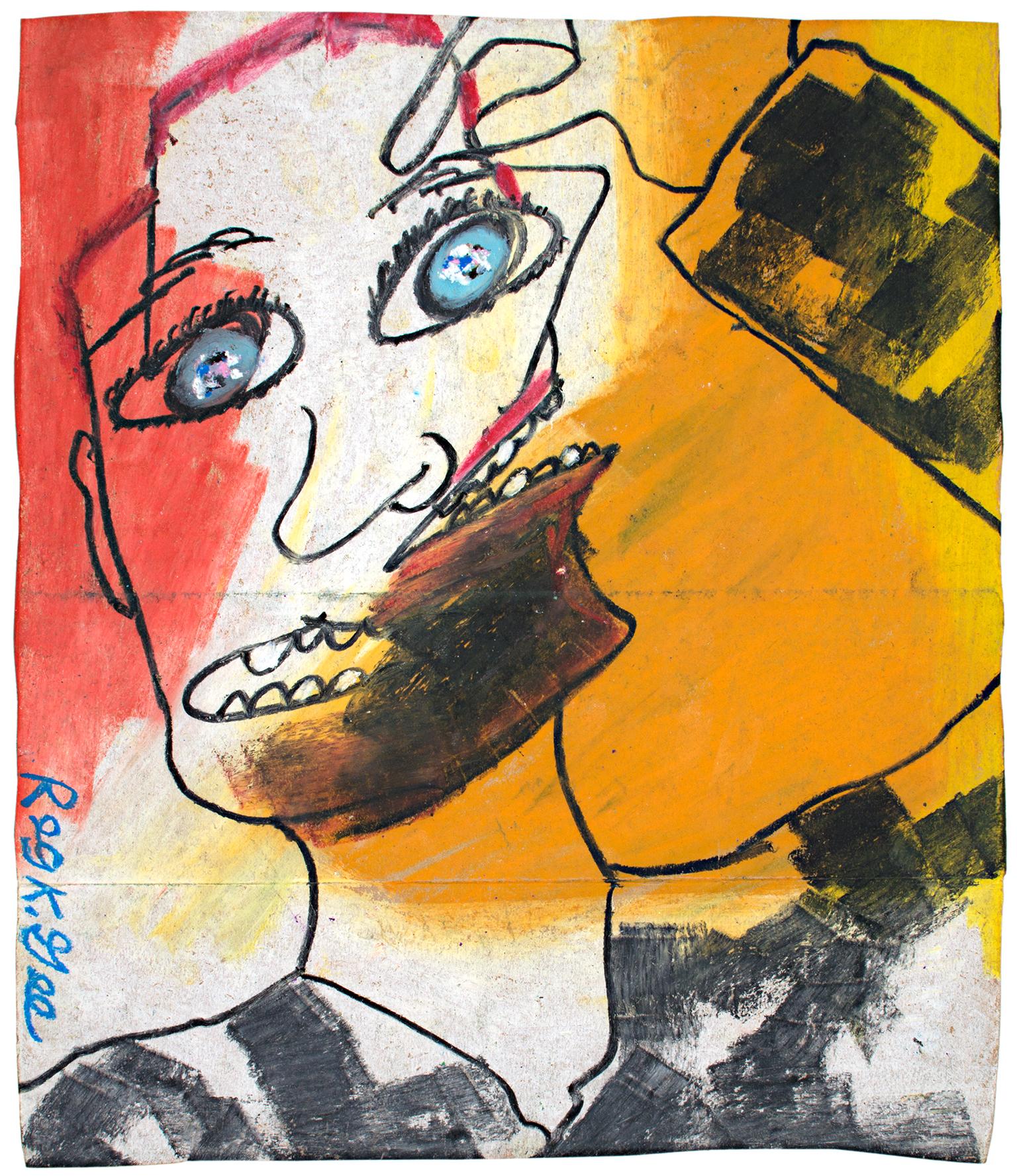 "Double Opinion" is an original oil pastel drawing on a grocery bag by Reginald K. Gee. The artist signed the piece lower left. It depicts a confused and wide-eyed face with two mouths, much like the artworks of Pablo Picasso. 

14" x 12" art
Custom