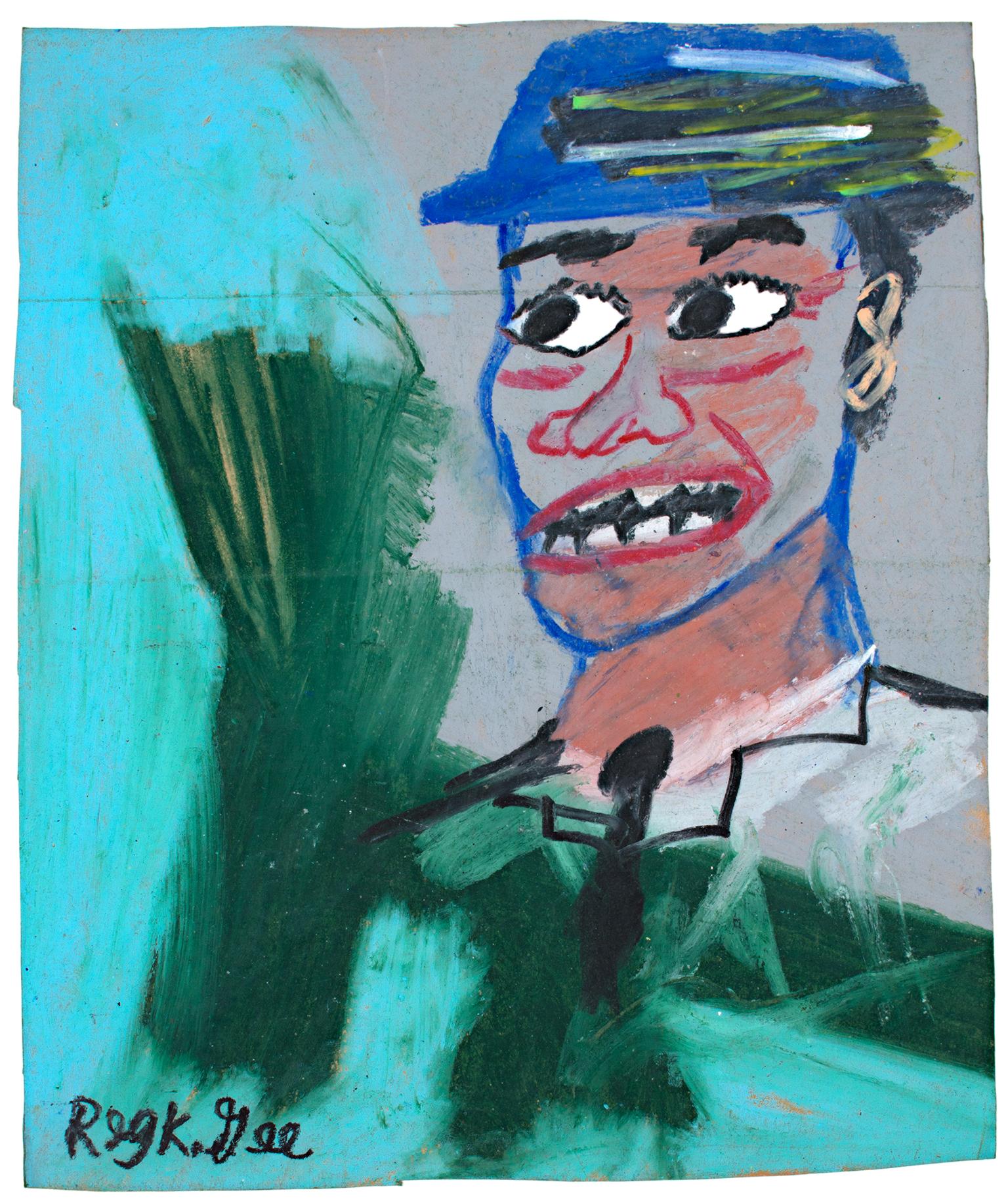 "Blauer Hut, grünes Hemd" ist eine Original-Ölpastellzeichnung auf einer Einkaufstüte von Reginald K. Gee. Der Künstler signierte das Werk unten links und signierte und datierte es auf der Rückseite. Es zeigt einen Mann mit einem blauen Hut und