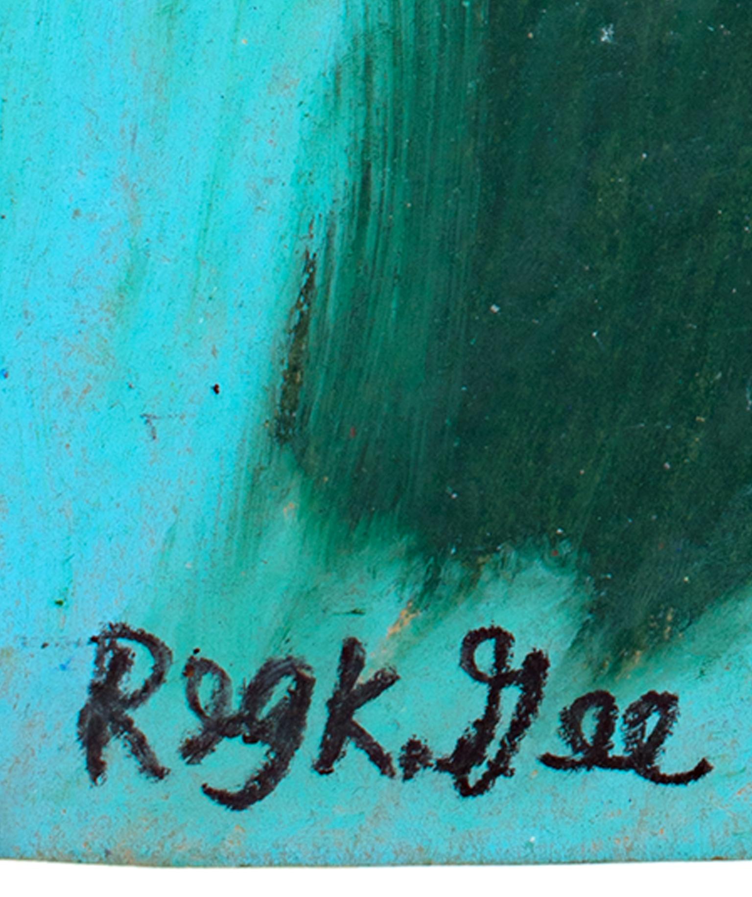 „Blaues Hut, Grünes Hemd, „Ölpastell auf Bechertasche“, signiert von Reginald K. Gee im Angebot 1