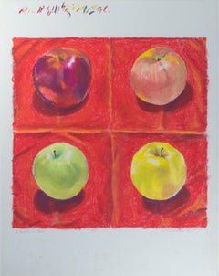 "4 Apples on Red, " oil pastel on paper by Tom Shelton