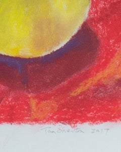 "4 Apples on Red, " oil pastel on paper by Tom Shelton