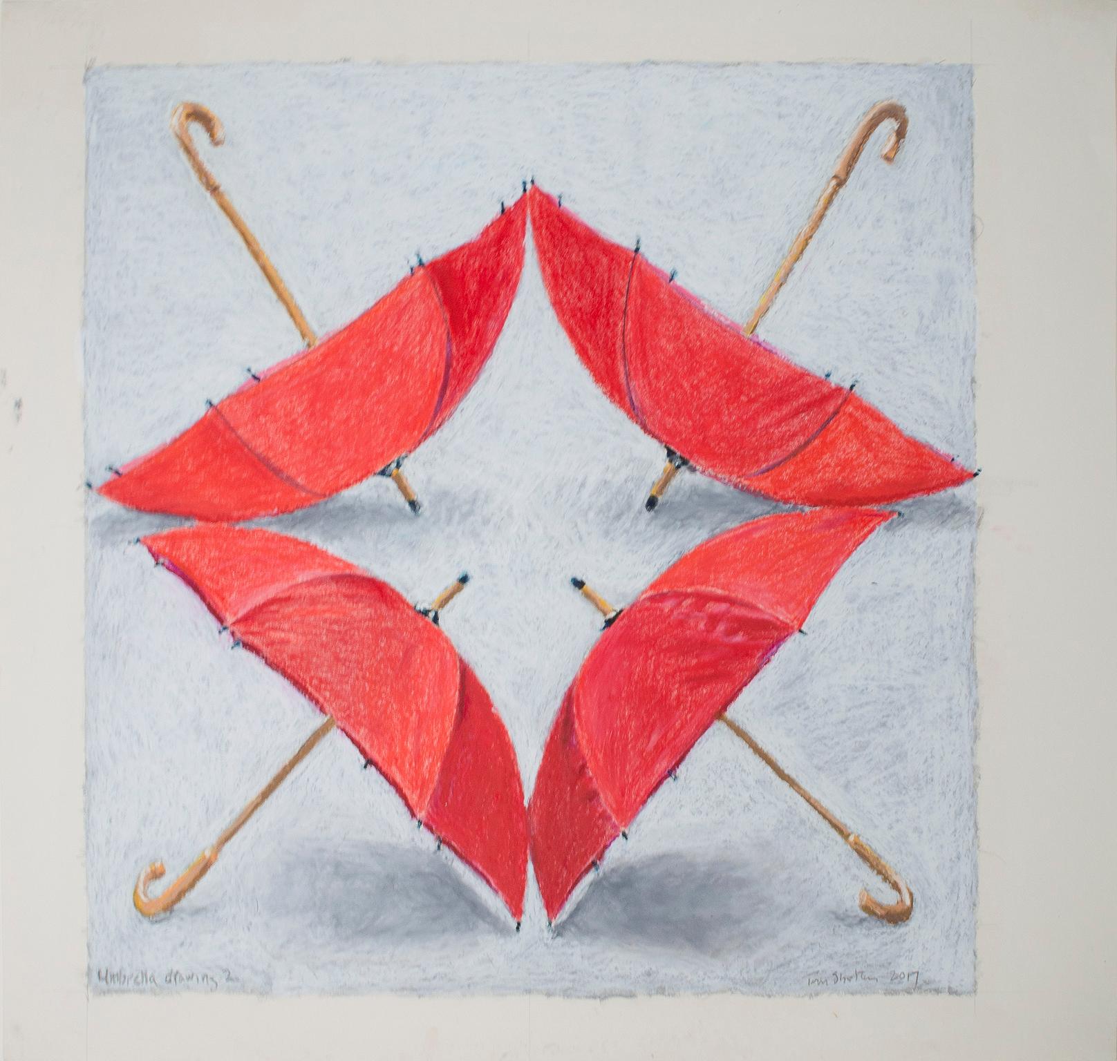 Contemporary pastel realism drawing umbrellas symmetrical red signed