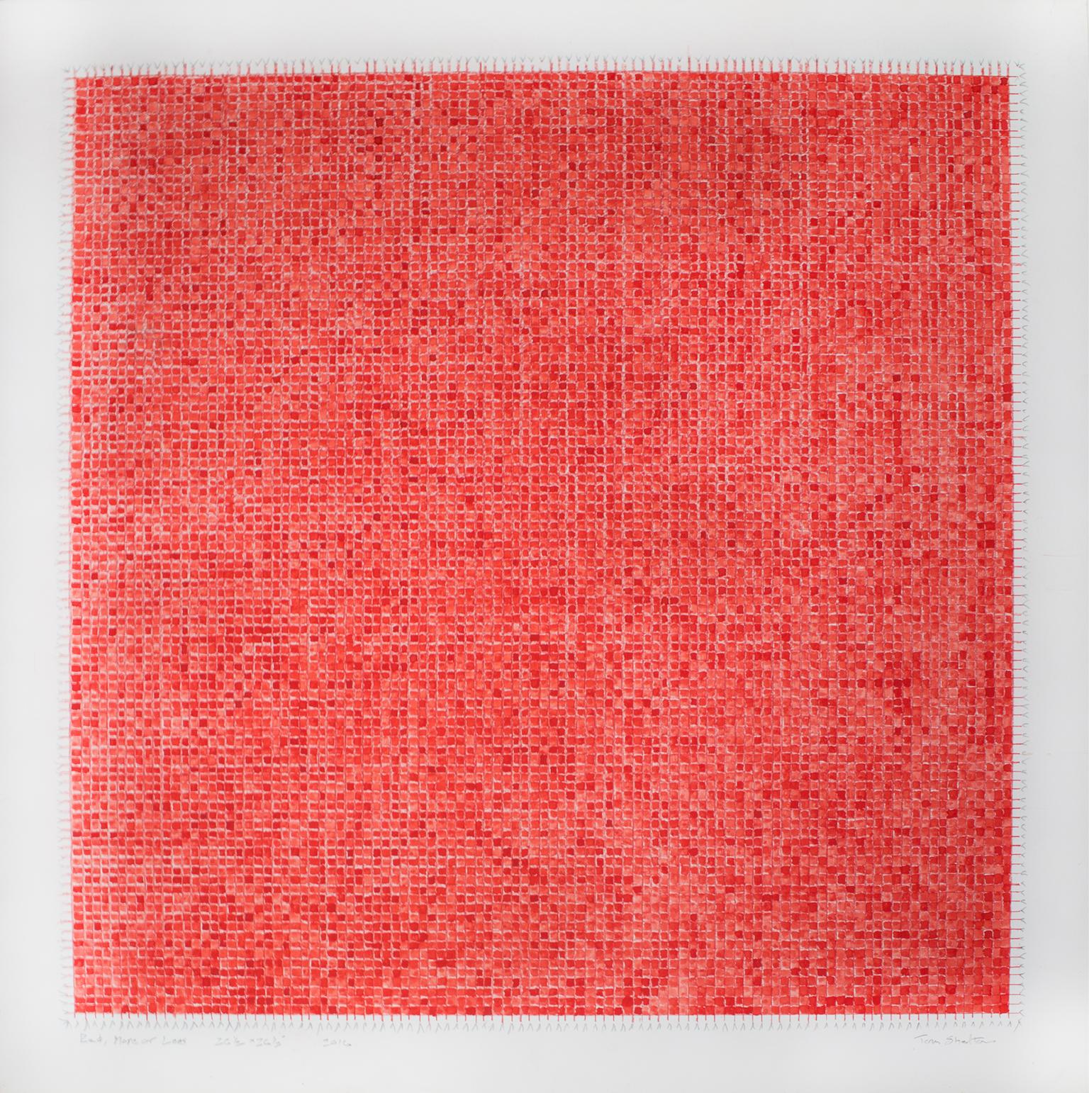 "Red, More or Less" is an original colored pencil & watercolor drawing on paper by Tom Shelton. It features a grid of red colored pencil filled in with red watercolor. The artist signed the piece lower right and titled it lower left. 

30" x 30"