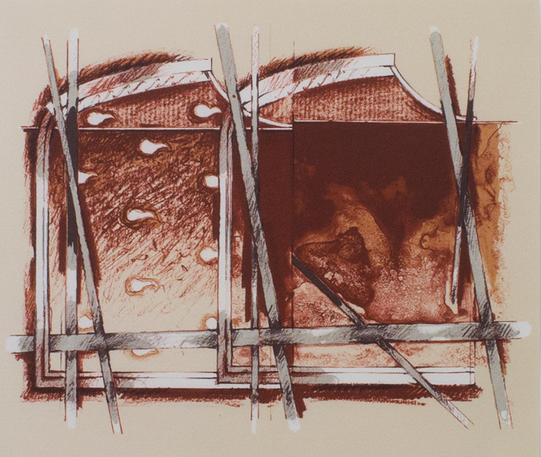 "Abstrakt" ist eine Farblithografie von Gerard Titus-Carmel. Es zeigt eine Mischung aus biomorphen und geometrischen/strukturellen Formen in Sepiatönen. 

8 1/4" x 9 1/2" Kunst
16 7/8" x 18" Rahmen

Gérard Titus-Carmel, geboren am 10. Oktober 1942