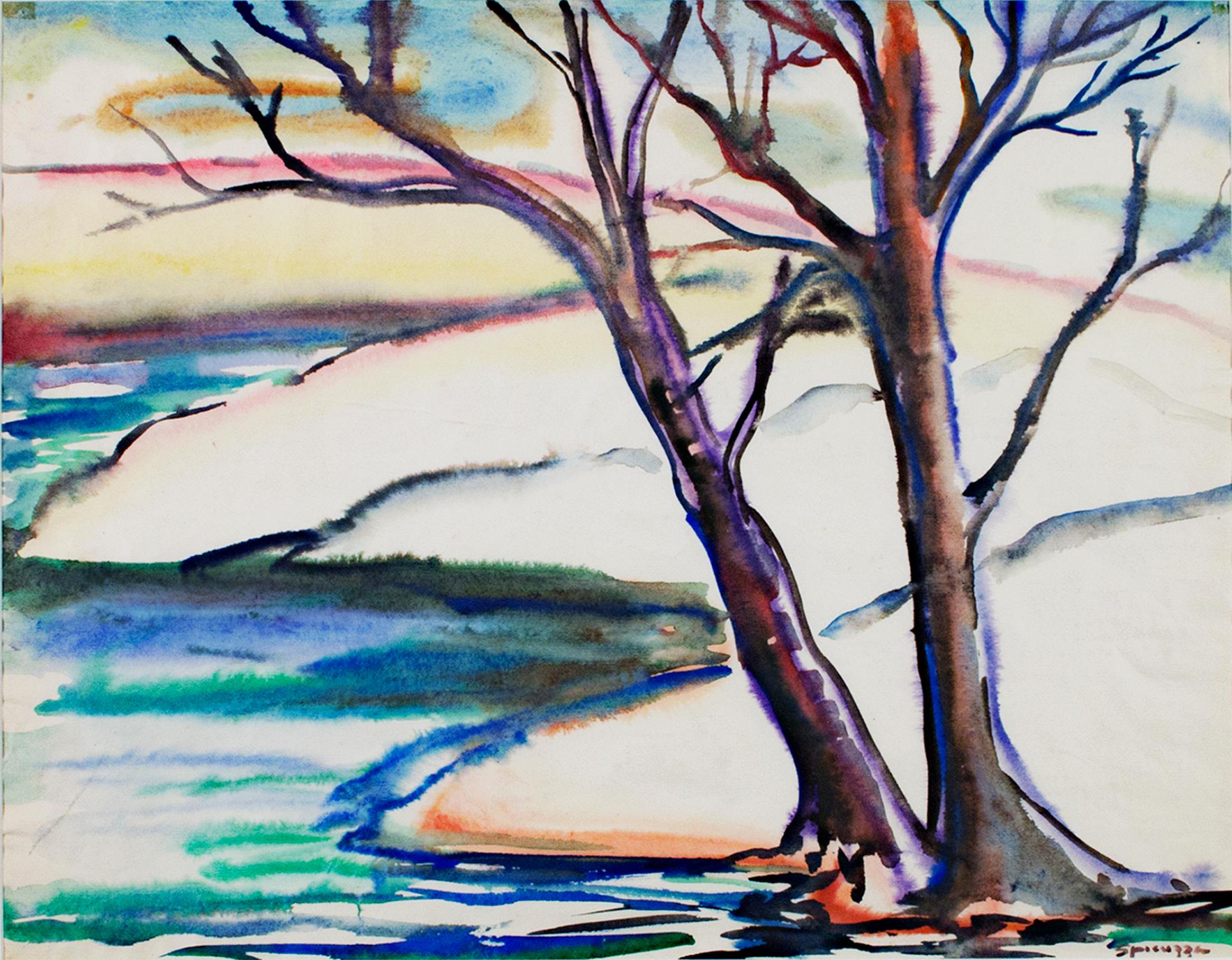 "Early Spring Landscape #303" ist ein Original-Aquarell von Sylvia Spicuzza. Der Künstler hat das Werk unten rechts signiert. Es zeigt zwei blattlose Bäume am Rande eines Gewässers mit verschneiten Ufern dahinter. 

19" x 24 1/2" Papier
28" x 33